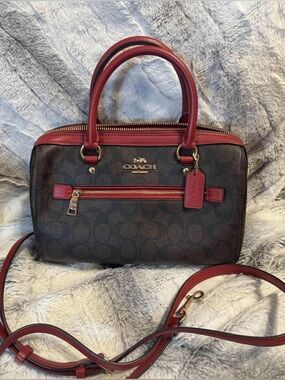 Coach Rowan Satchel in Brown/True Red signature canvas